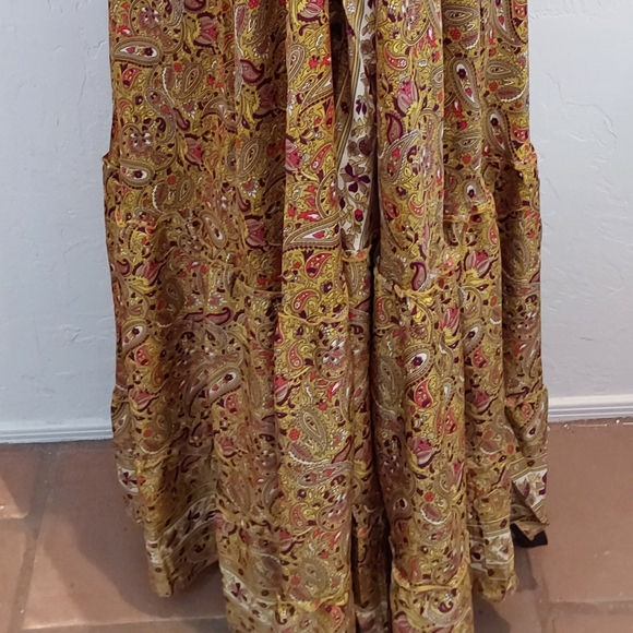 BOHEMIAN GODDESS Silk Gold, Green, Wine & Ivory Floral Maxi Dress - Picture 6 of 11